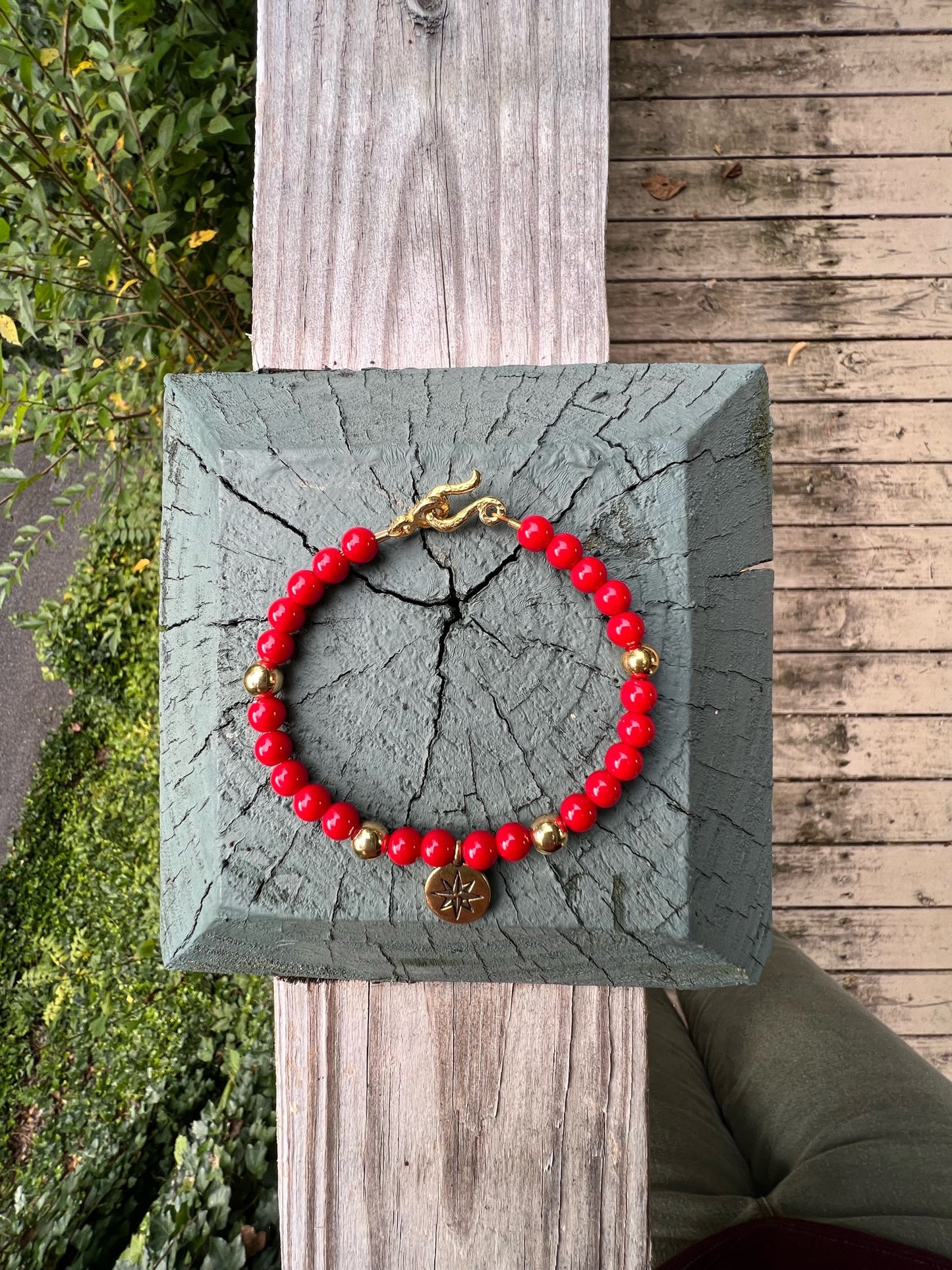 Red Bamboo Coral and Gold Bracelet with North Star Charm