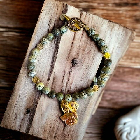 Green Zebra Jasper "I Love My Dog" Charm Bracelet