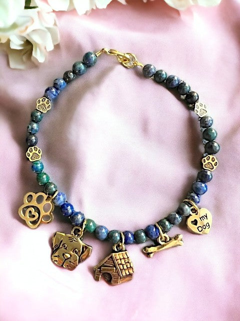 Chysocolla "I Love My Dog" Charm Bracelet