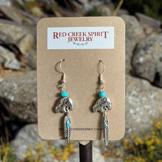 Southwestern Bear and Turquoise Dangle Earrings