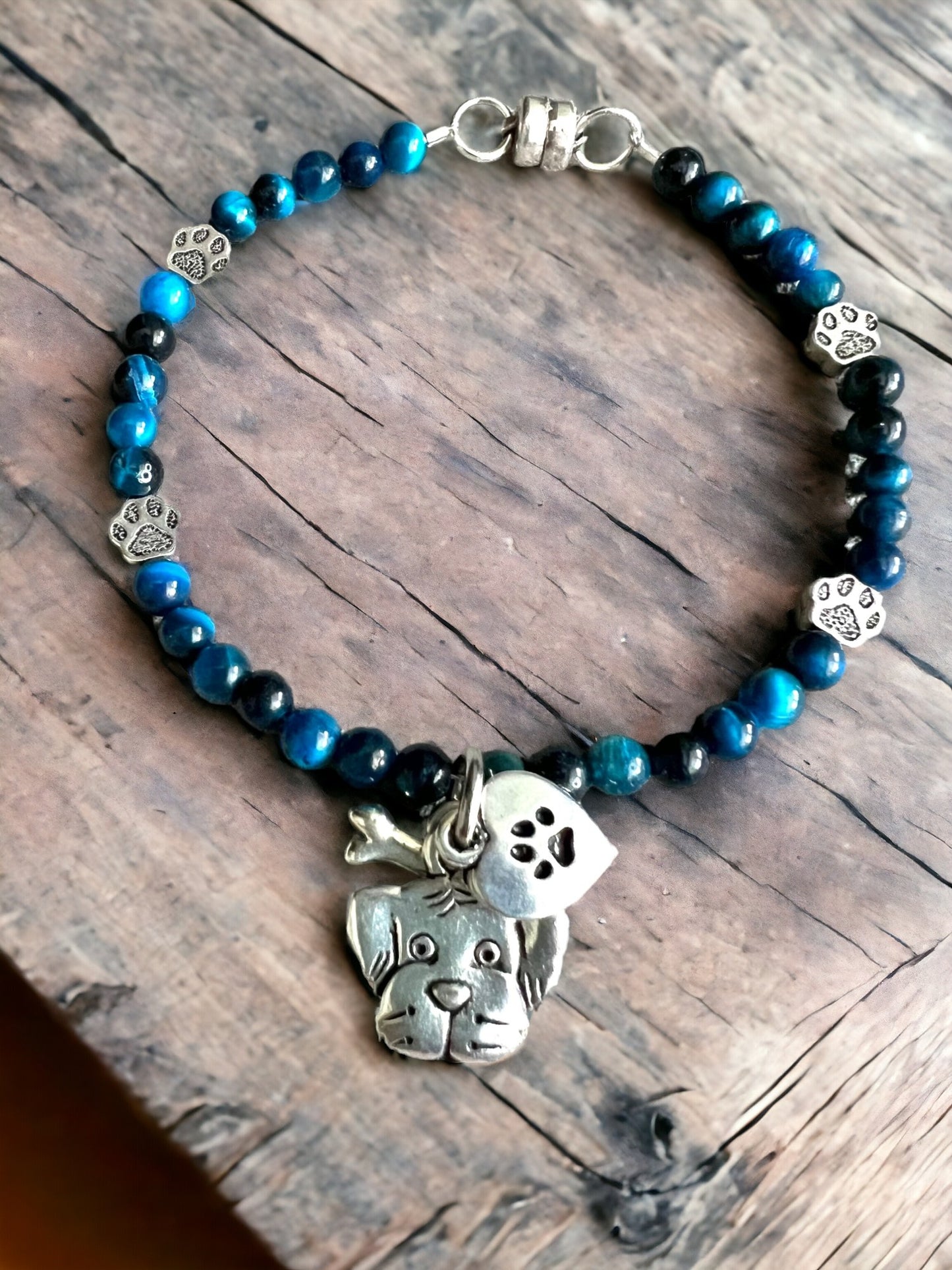 Blue Tigers Eye "I Love My Dog" Charm Bracelet