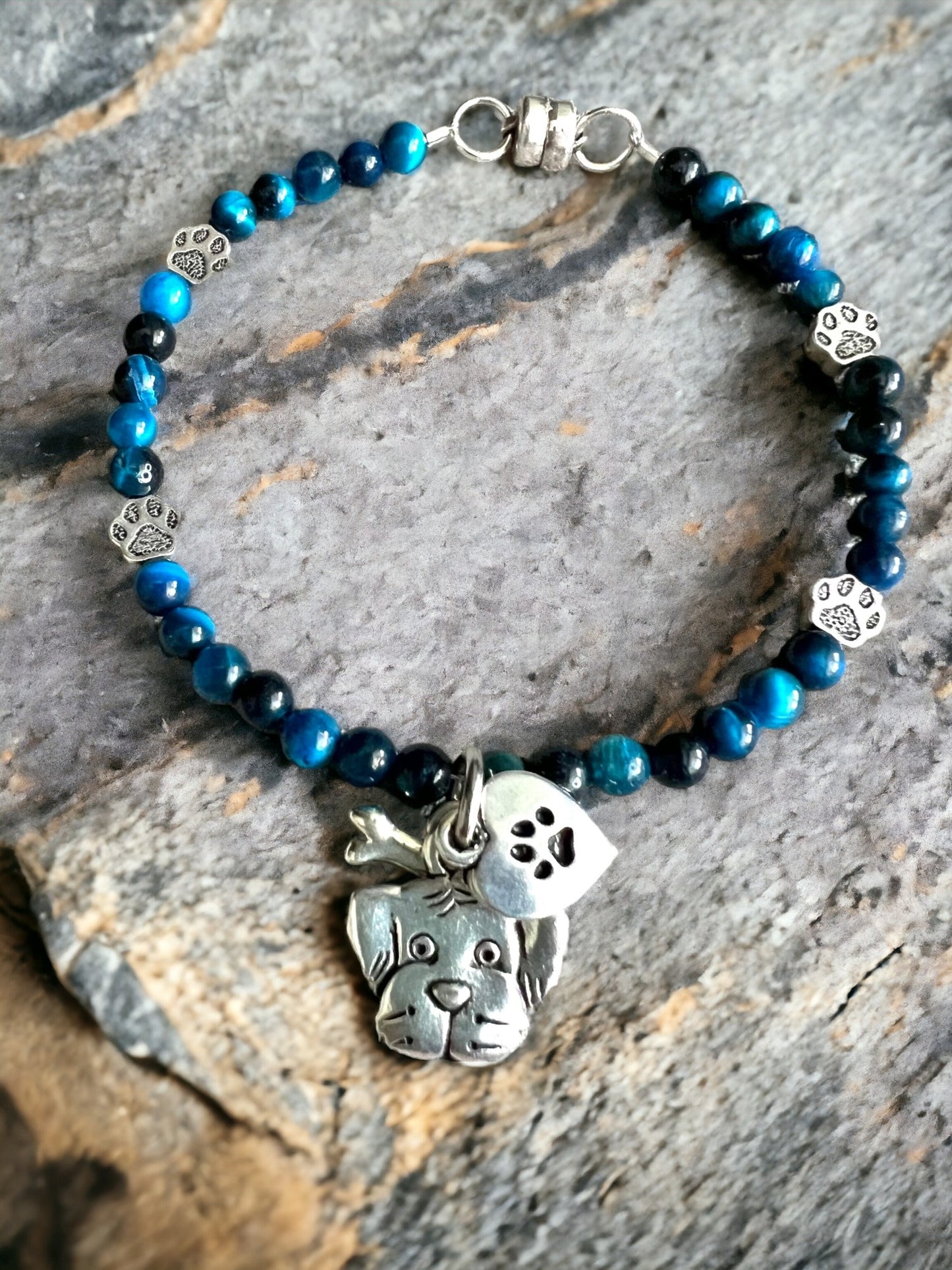 Blue Tigers Eye "I Love My Dog" Charm Bracelet