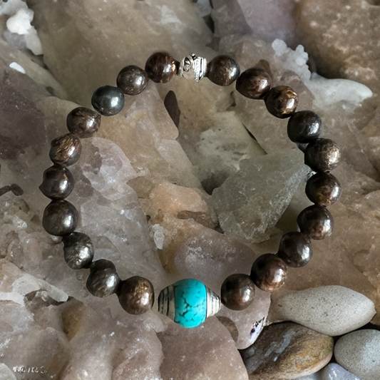 Bronzite Bracelet with Tibetan Turquoise Focal Bead