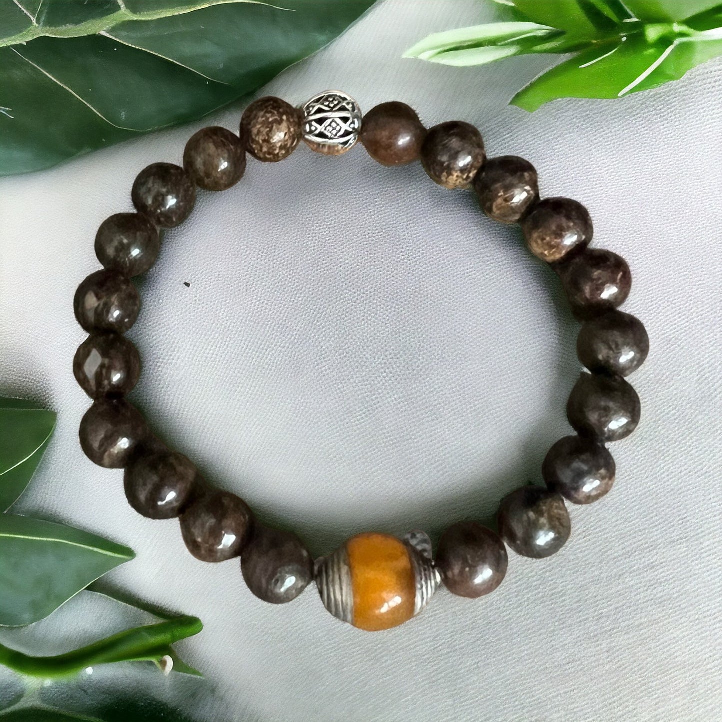 Bronzite Bracelet with Tibetan Amber Bead