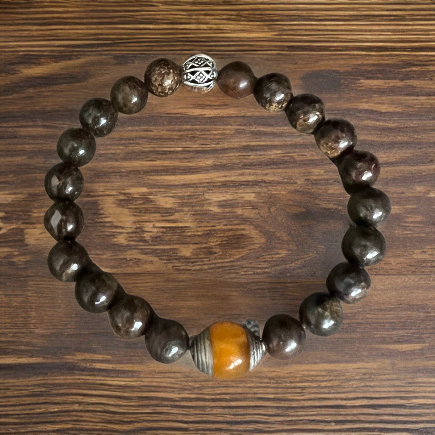 Bronzite Bracelet with Tibetan Amber Bead