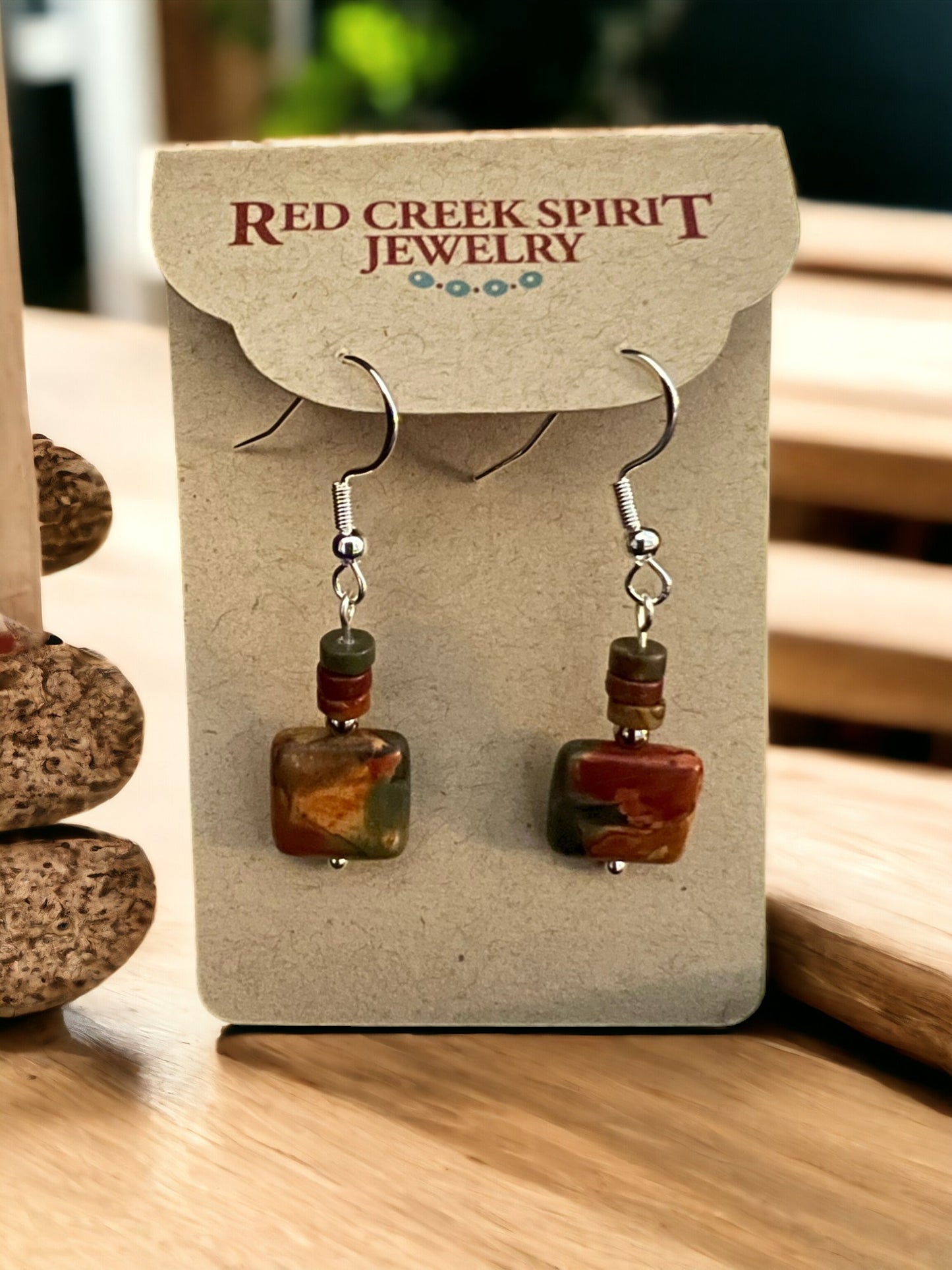 Beautiful Autumn-Colored Red Creek Jasper Square Stone Earrings