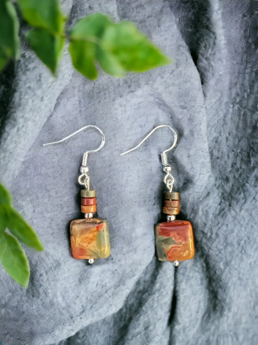 Beautiful Autumn-Colored Red Creek Jasper Square Stone Earrings