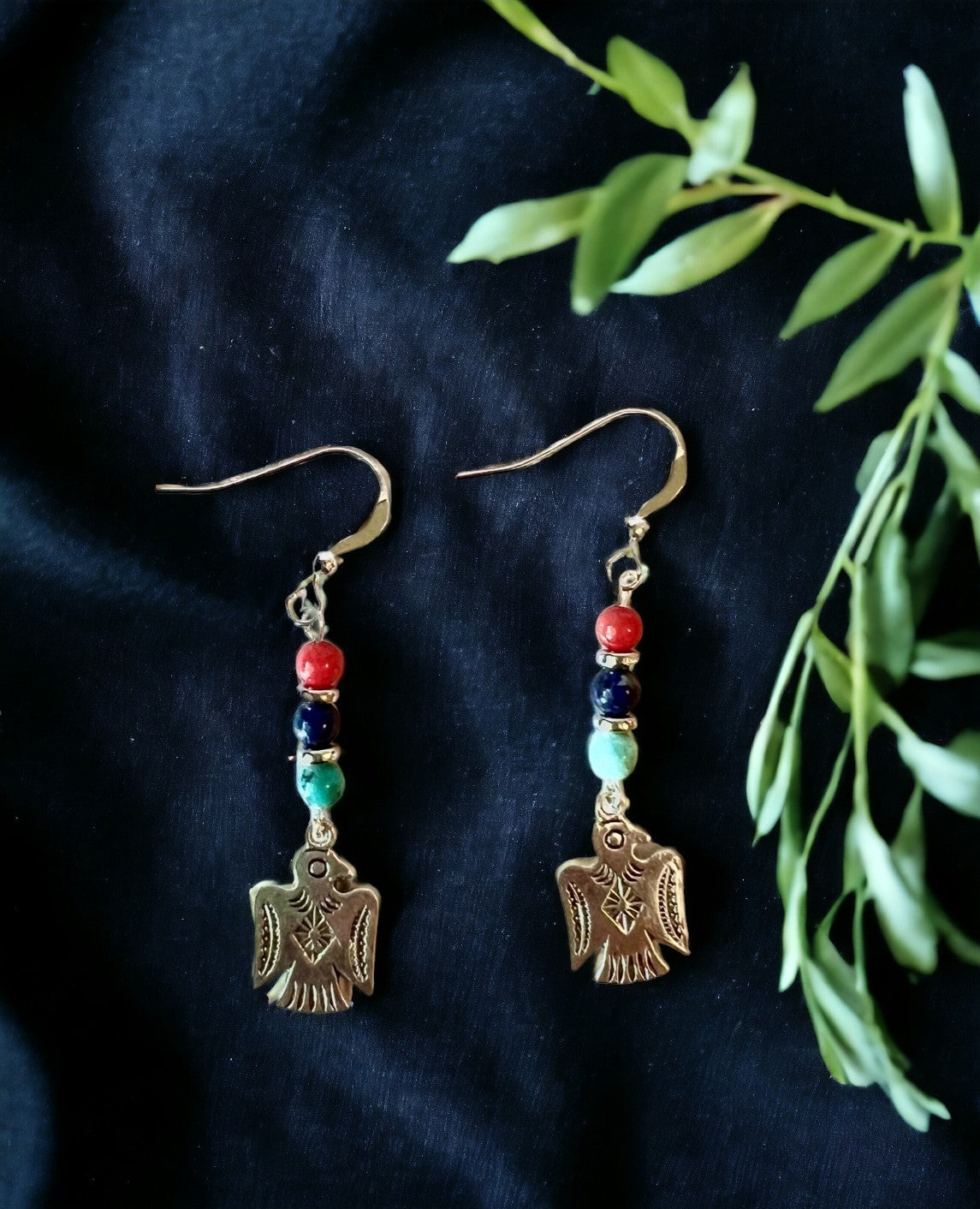 Southwestern Silver, Turquoise, Lapis, and Red Coral Thunderbird Earrings