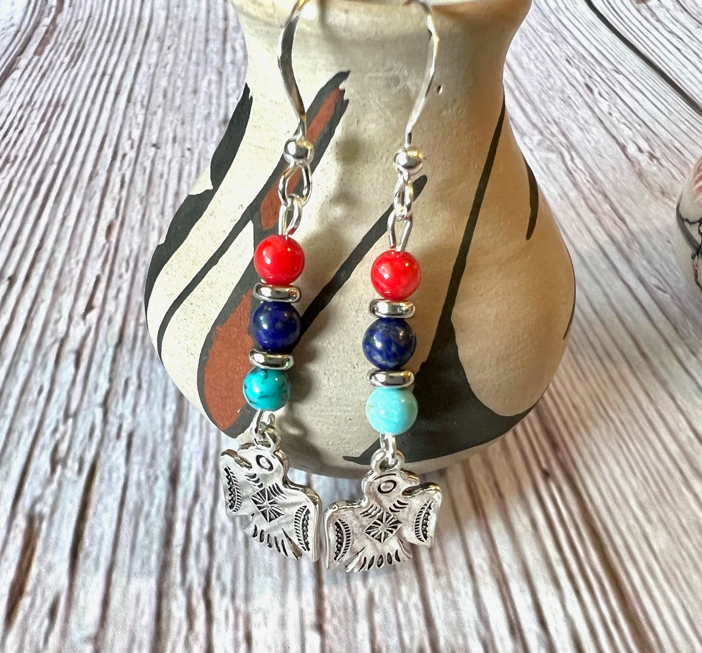 Southwestern Silver, Turquoise, Lapis, and Red Coral Thunderbird Earrings