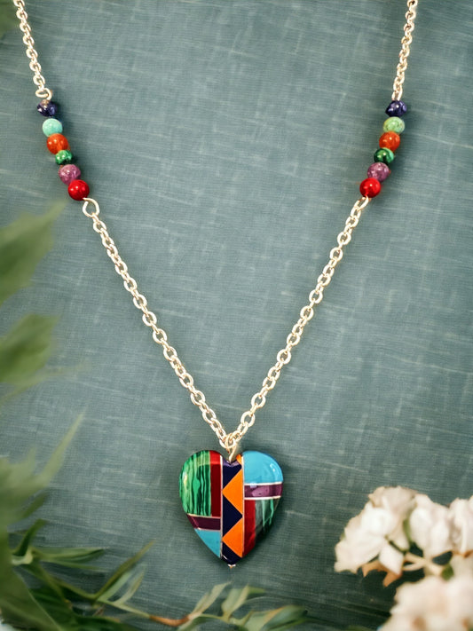 Zuni Indian Multi-Gemstone Heart Pendant Necklace