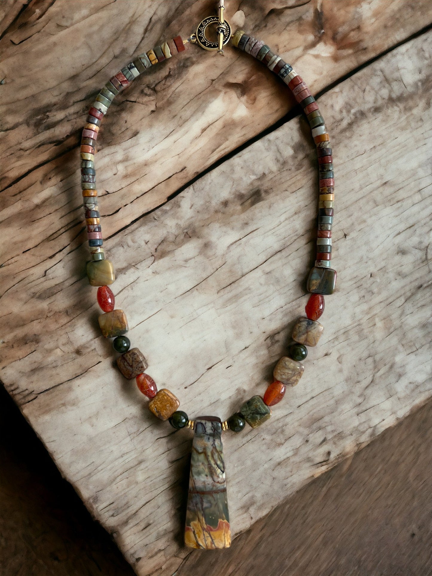 Trapazoidal Focal of Red Creek Jasper with Fire Agate and Dark Green Jade