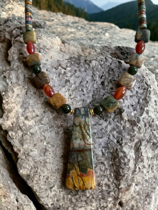 Trapazoidal Focal of Red Creek Jasper with Fire Agate and Dark Green Jade