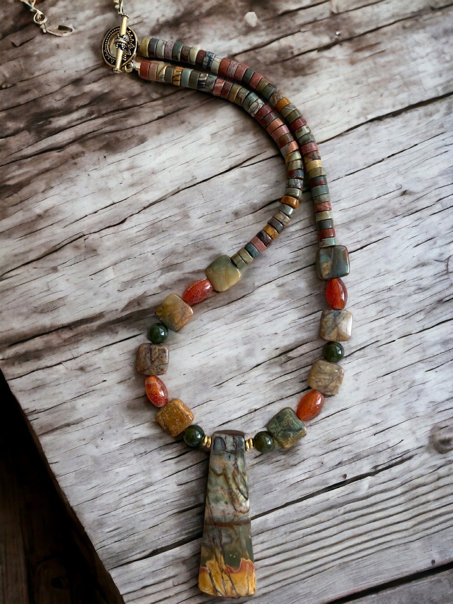 Trapazoidal Focal of Red Creek Jasper with Fire Agate and Dark Green Jade