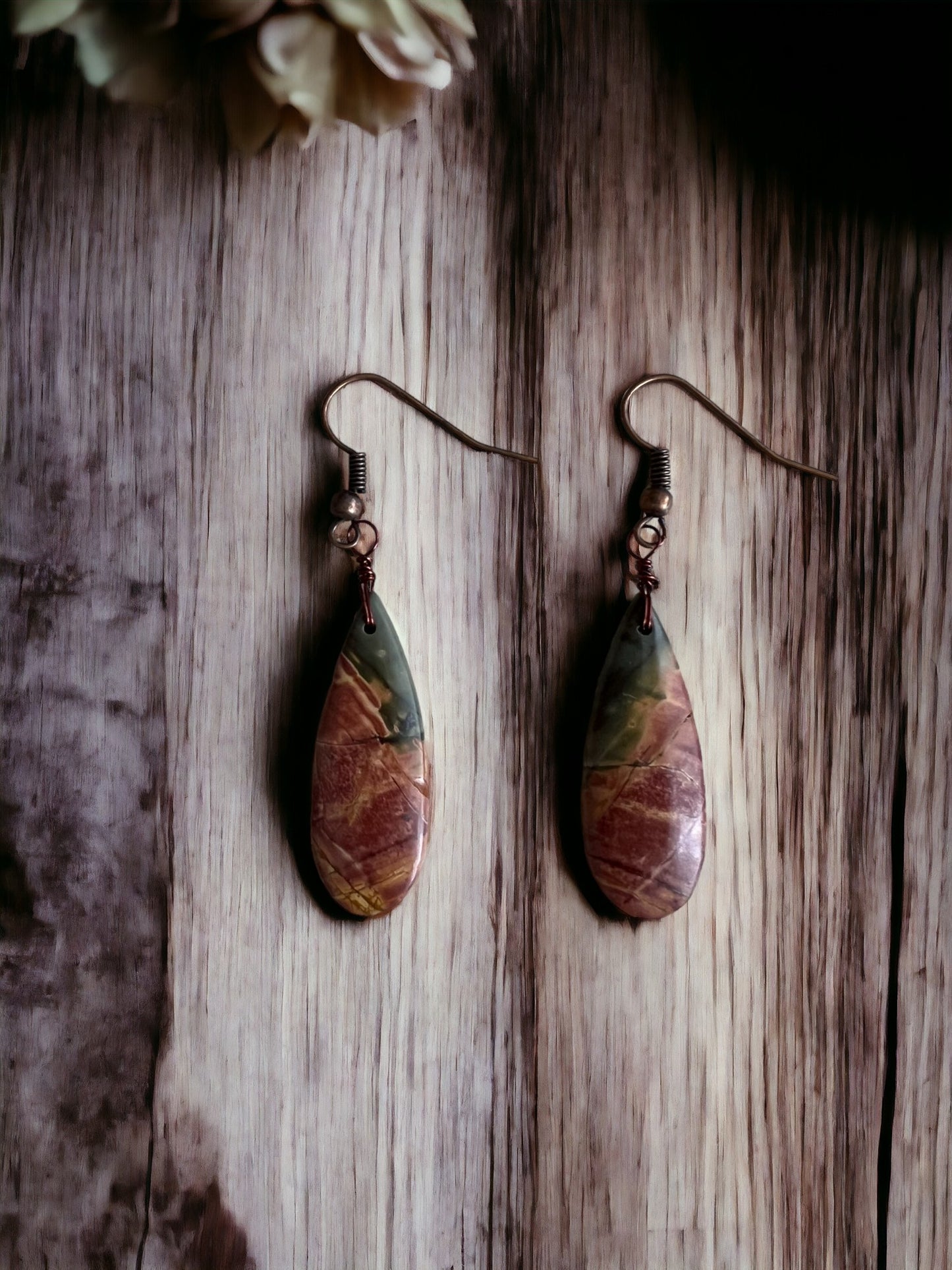 Simple Red Creek Jasper Dangle Earrings on Copper