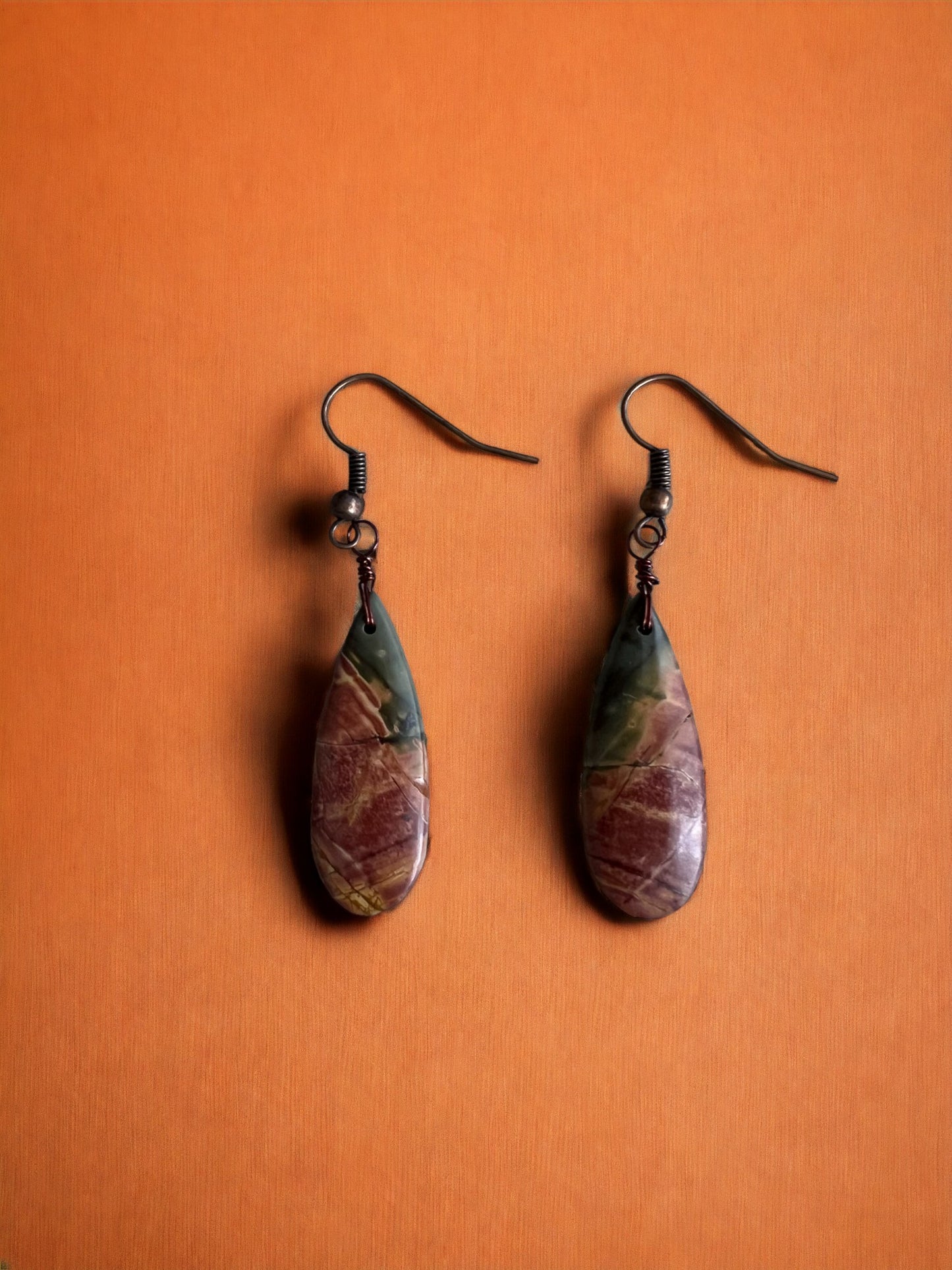 Simple Red Creek Jasper Dangle Earrings on Copper