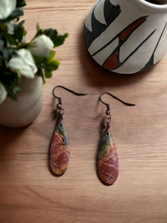 Simple Red Creek Jasper Dangle Earrings on Copper