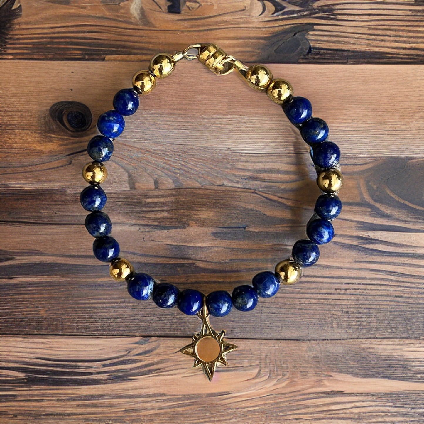 Lapis and Gold Bracelet with Sunburst Charm