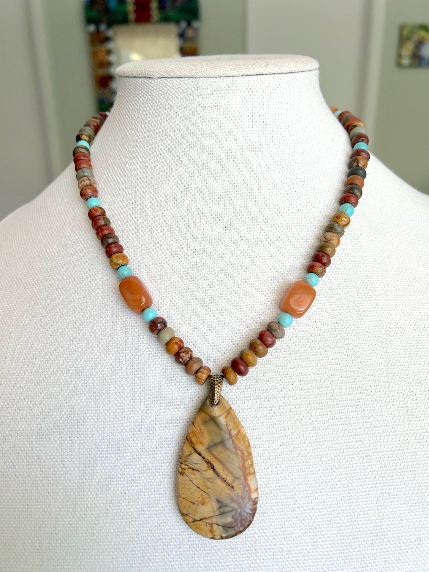 Red Creek Jasper Teardrop Pendant with Turquoise and Red Aventurine