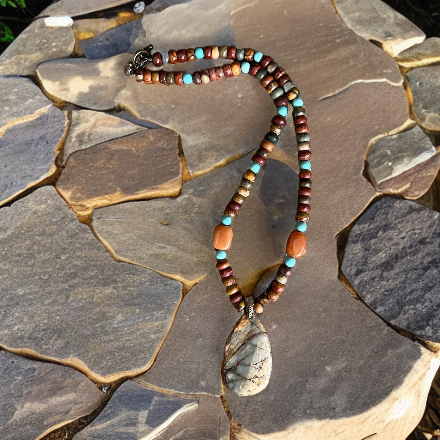 Red Creek Jasper Teardrop Pendant with Turquoise and Red Aventurine