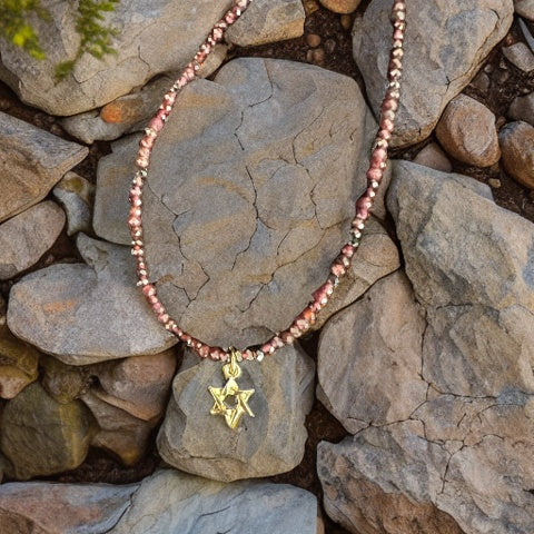 Red Garnet Necklace with Small Gold Star of David