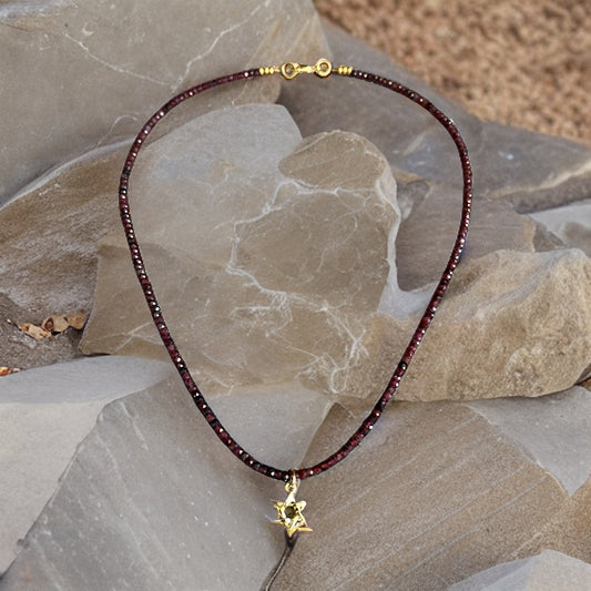 Red Garnet Necklace with Small Gold Star of David