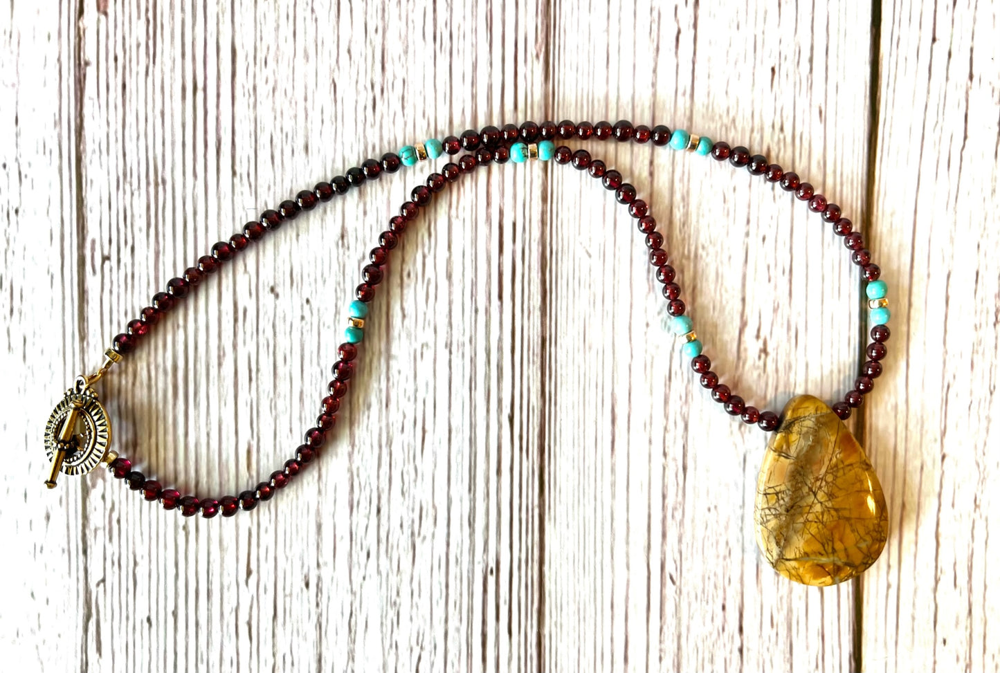 Red Creek Jasper Teardrop Pendant with Red Garnet and Turquoise