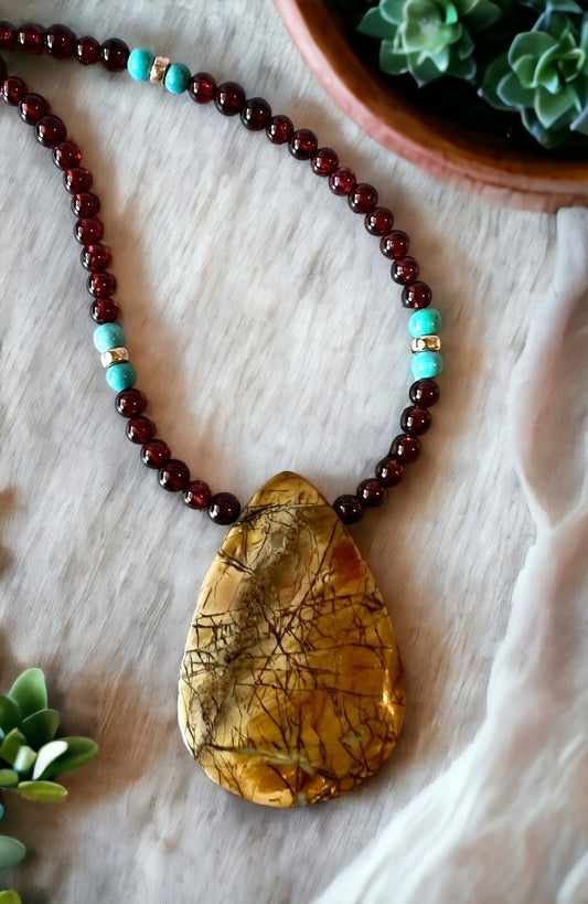 Red Creek Jasper Teardrop Pendant with Red Garnet and Turquoise