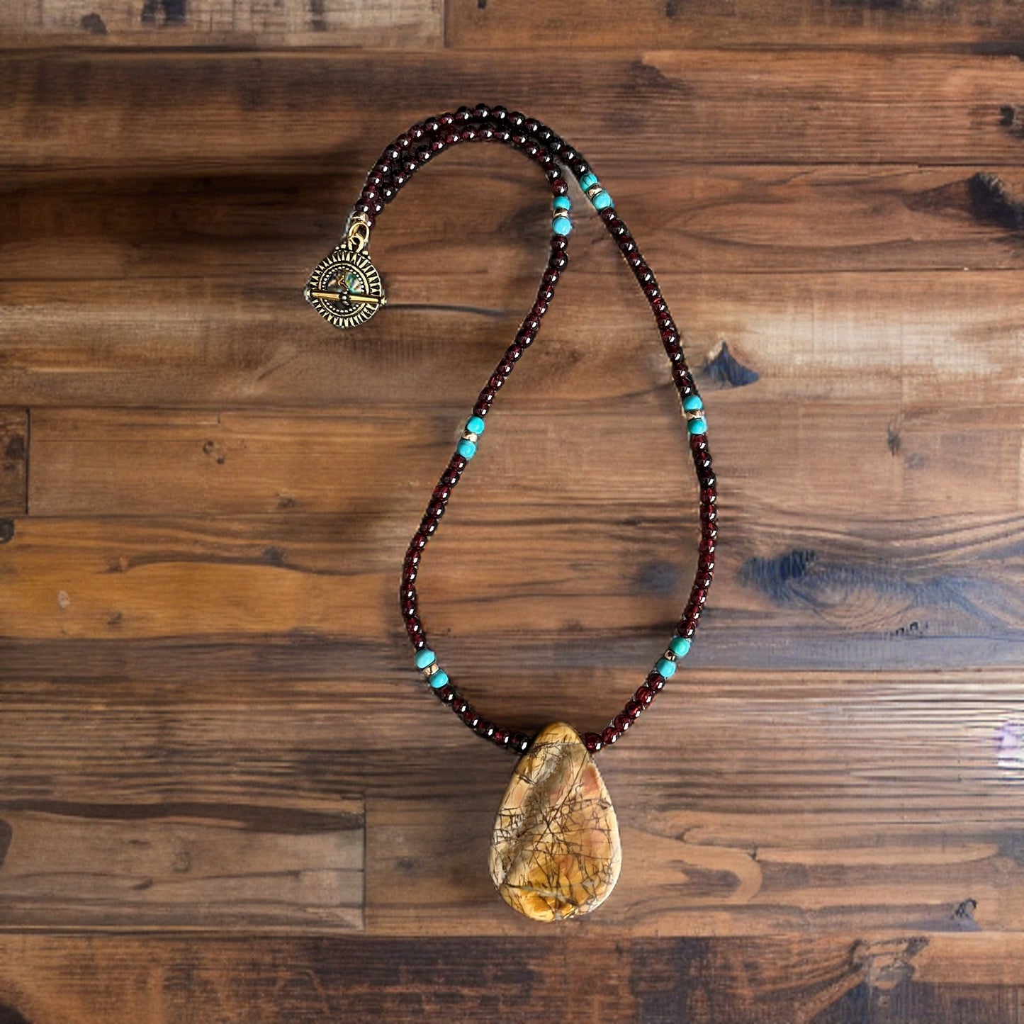 Red Creek Jasper Teardrop Pendant with Red Garnet and Turquoise