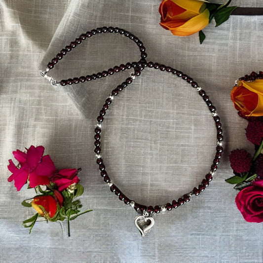 Deep Red Garnet Gemstones with Silver Heart