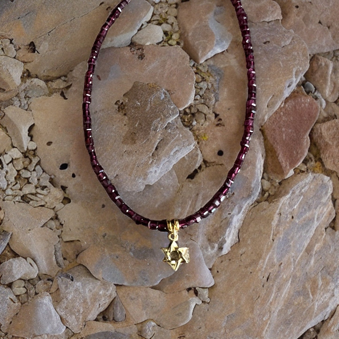 Pomegranate Red Garnet w Gold Star of David Necklace