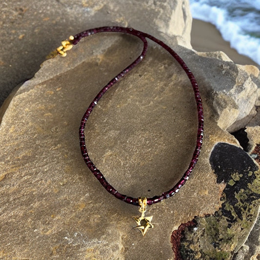 Pomegranate Red Garnet w Gold Star of David Necklace