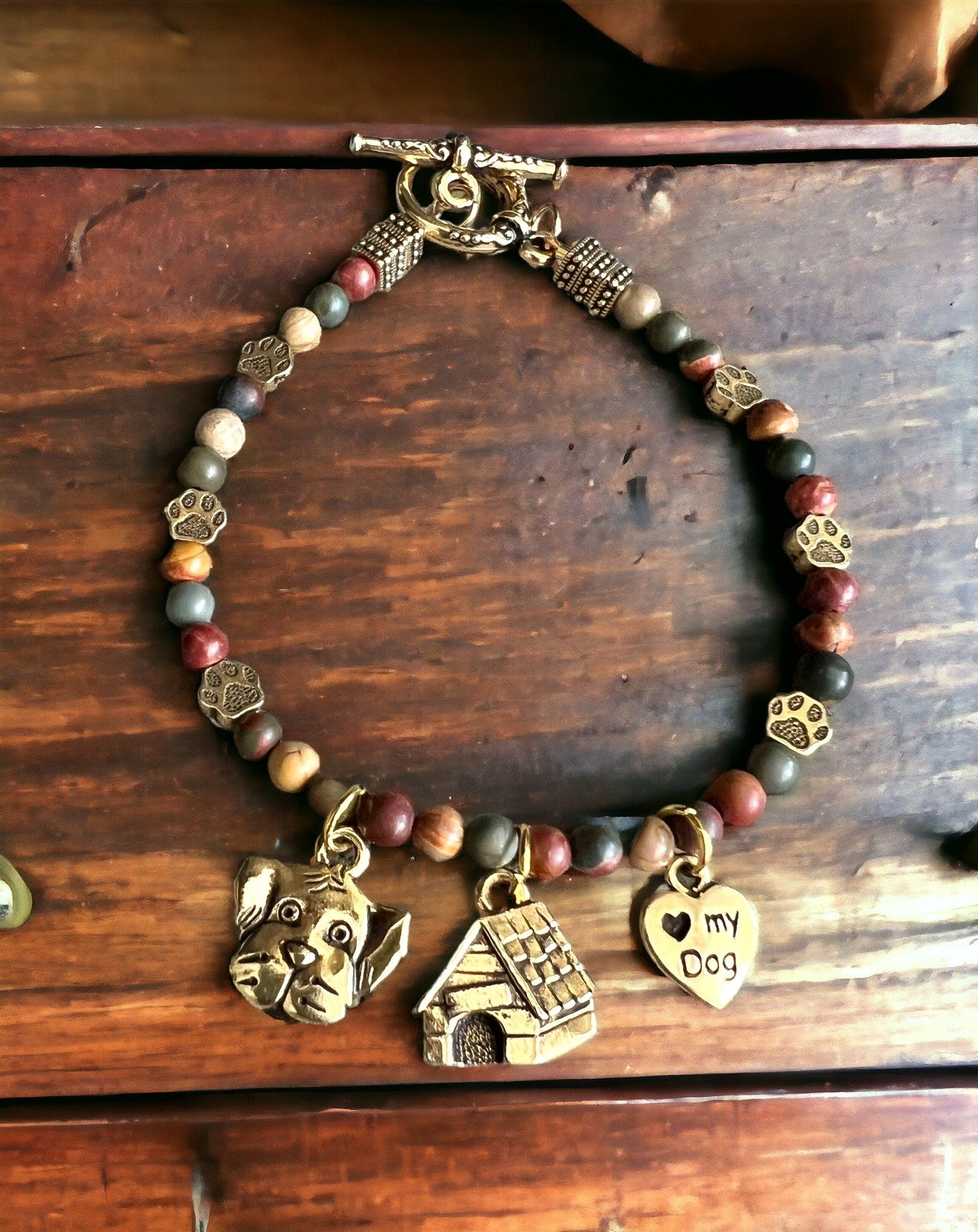 Red Creek Jasper "I Love My Dog" Bracelet