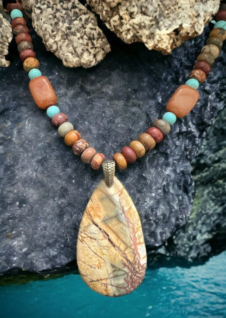 Red Creek Jasper Teardrop Pendant with Turquoise and Red Aventurine