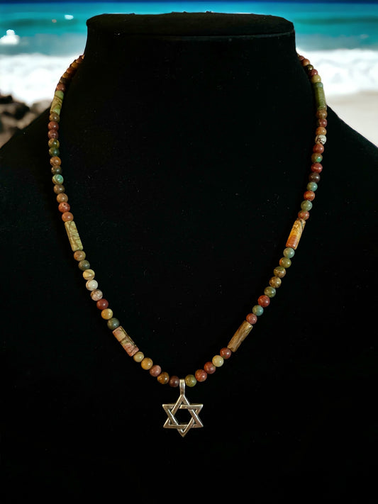 Silver Star of David on 5-8-12-18 Necklace of Red Creek Jasper