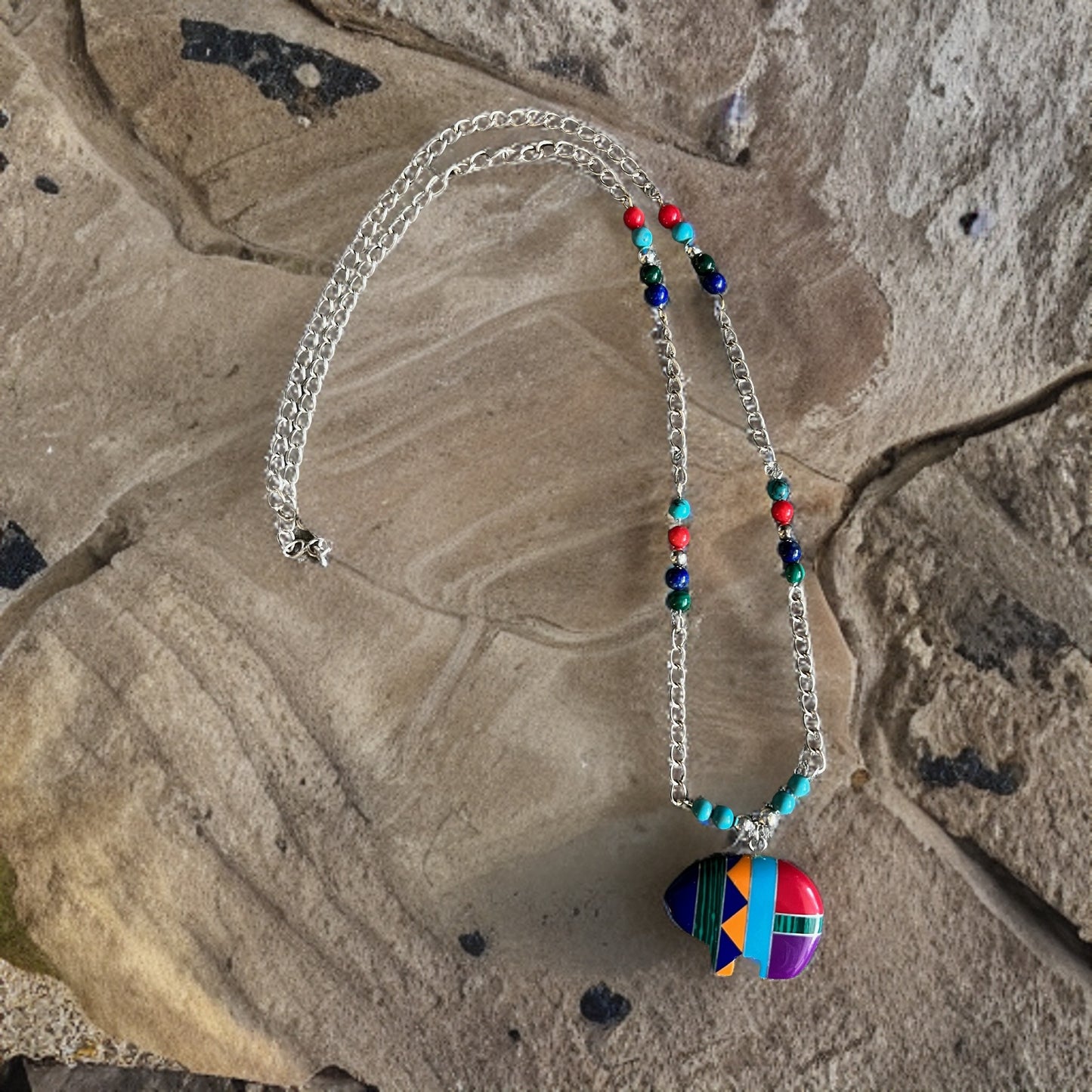 Zuni Multigem Native Bear Pendant and Sterling Silver Necklace