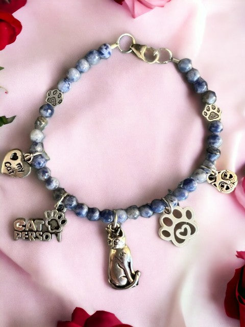 Blue Sodalite "I Love My Cat" Charm Bracelet