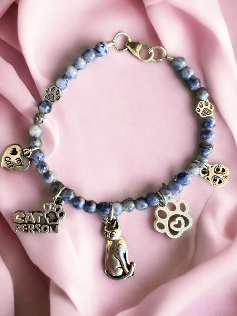 Blue Sodalite "I Love My Cat" Charm Bracelet