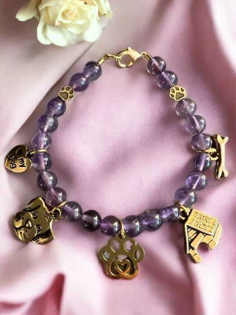 Amethyst and Gold I Love My Dog Charm Bracelet 7"