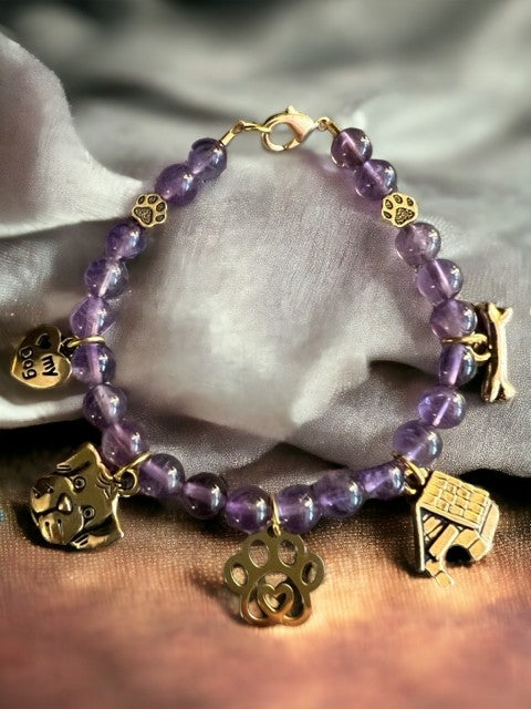 Amethyst and Gold I Love My Dog Charm Bracelet 7"