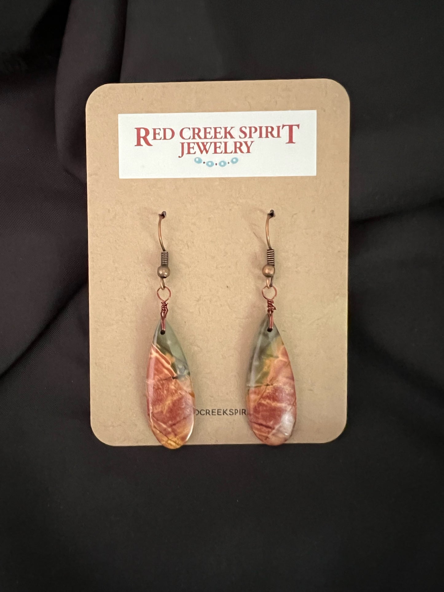 Simple Red Creek Jasper Dangle Earrings on Copper