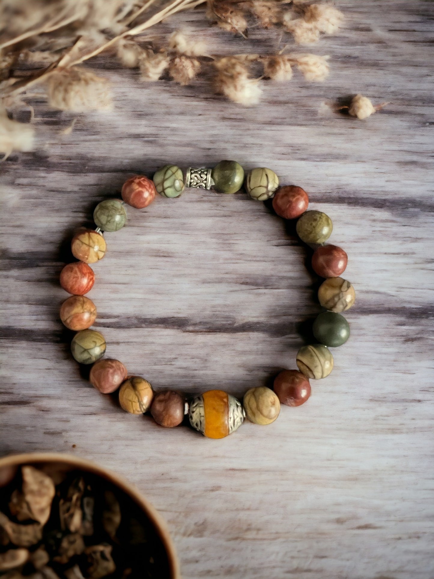 Red Creek Jasper Stretch Bracelet with Tibetan Amber Focal