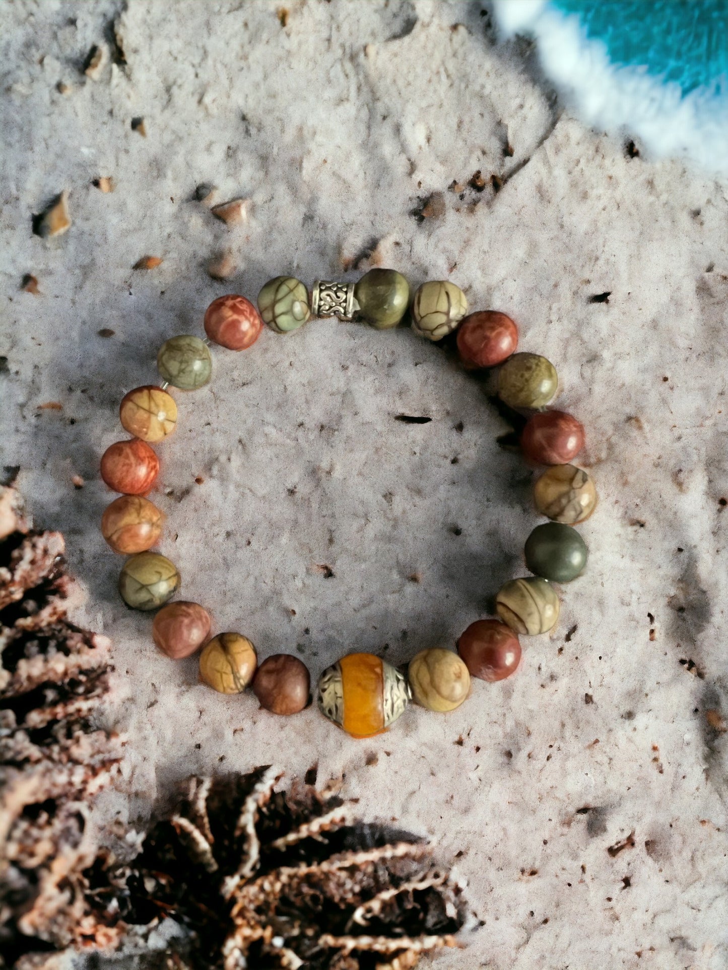 Red Creek Jasper Stretch Bracelet with Tibetan Amber Focal