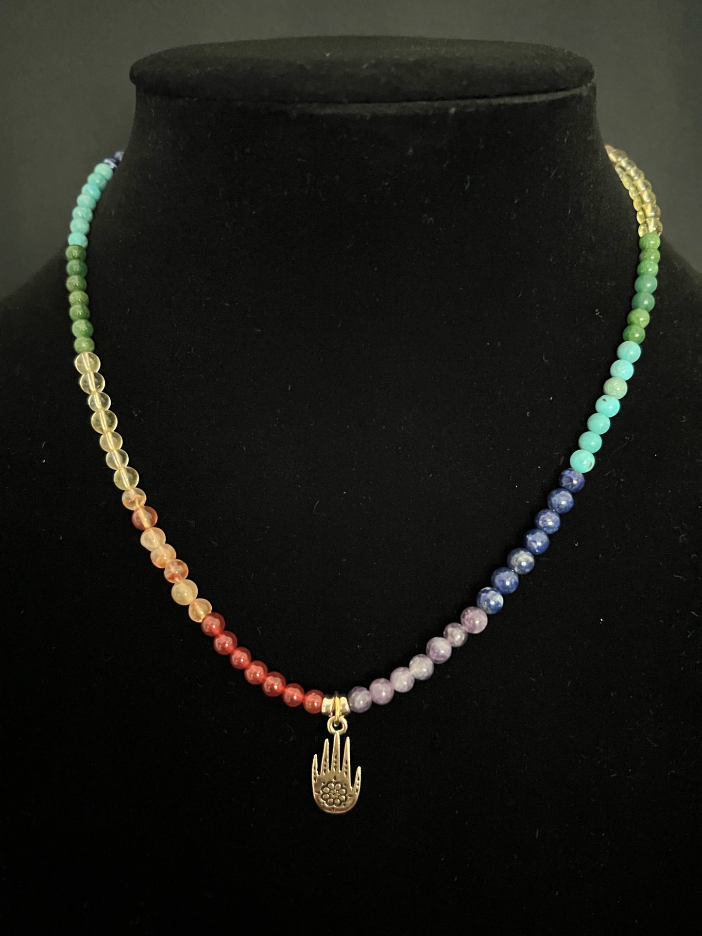 Chakra Necklace with Gold Hamsa -- 17"