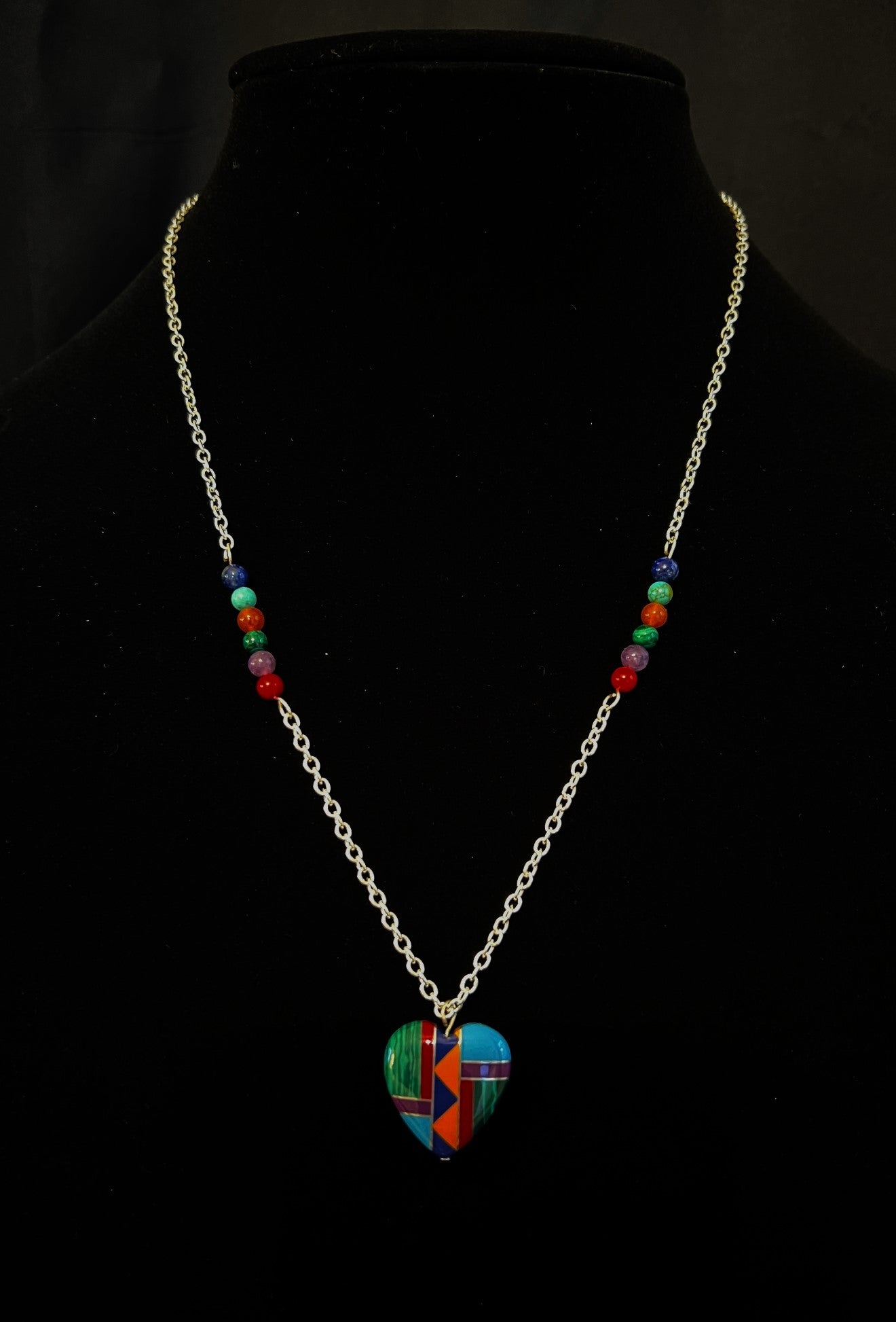 Zuni Indian Multi-Gemstone Heart Pendant Necklace