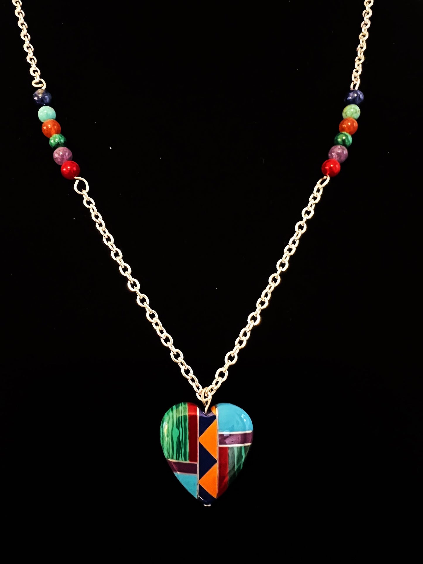 Zuni Indian Multi-Gemstone Heart Pendant Necklace