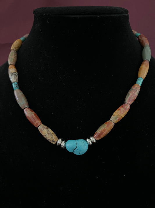 Turquoise Nugget with Red Creek Jasper and Silver Accents