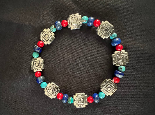 Southwestern Turquoise, Lapis, and Red Bamboo Coral Bracelet